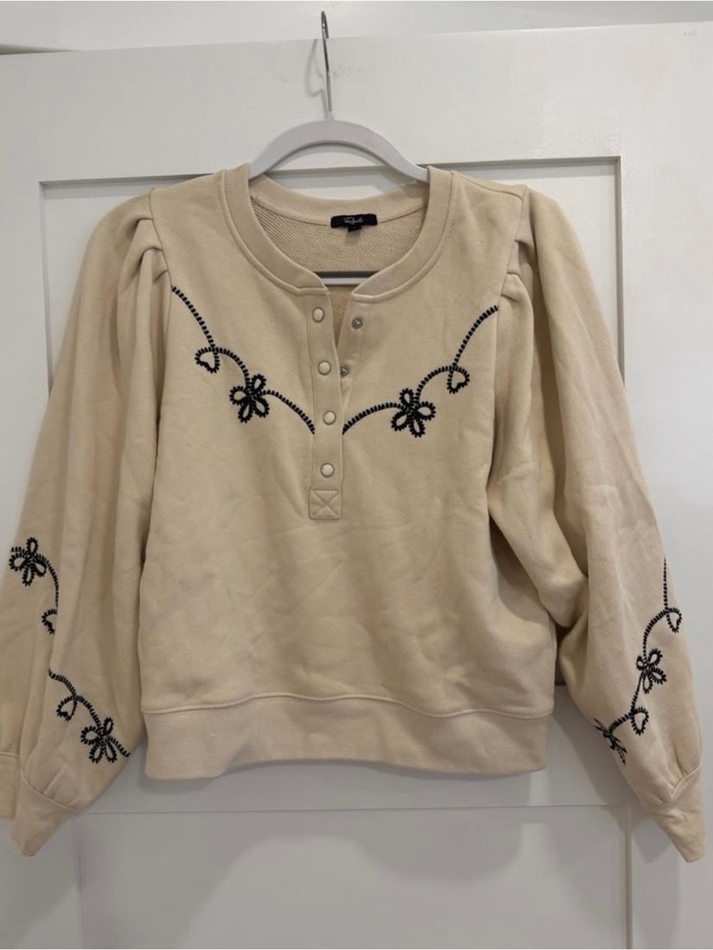 Rails Cream Embroidered Puff-Sleeve Henley Sweatshirt